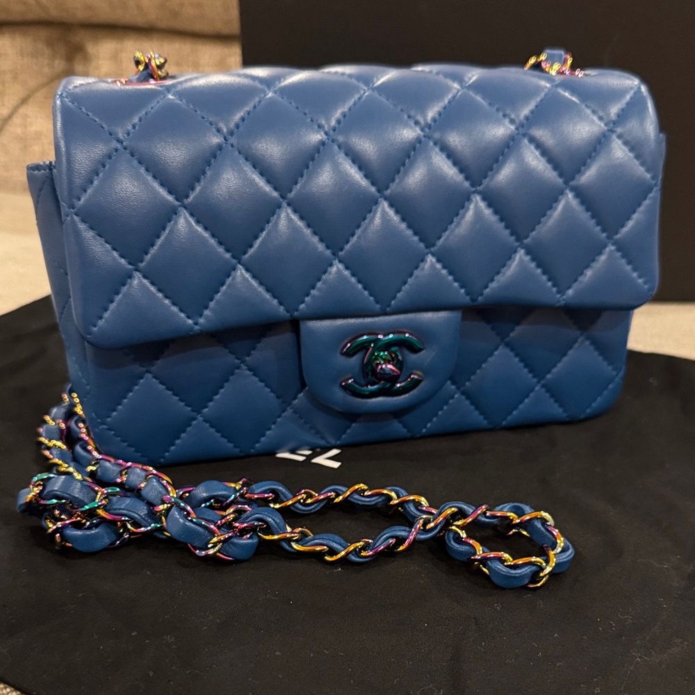 Chanel Blue Quilted mini rectangle Bag with iridescent Chain Strap and hardware